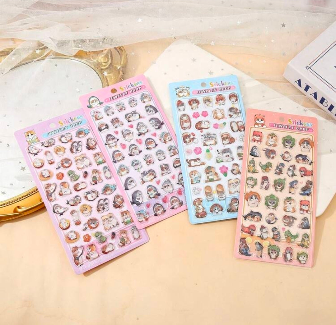 Cat jewelry drop puffy sticker sheet set, three pastel packs with assorted cat charm stickers