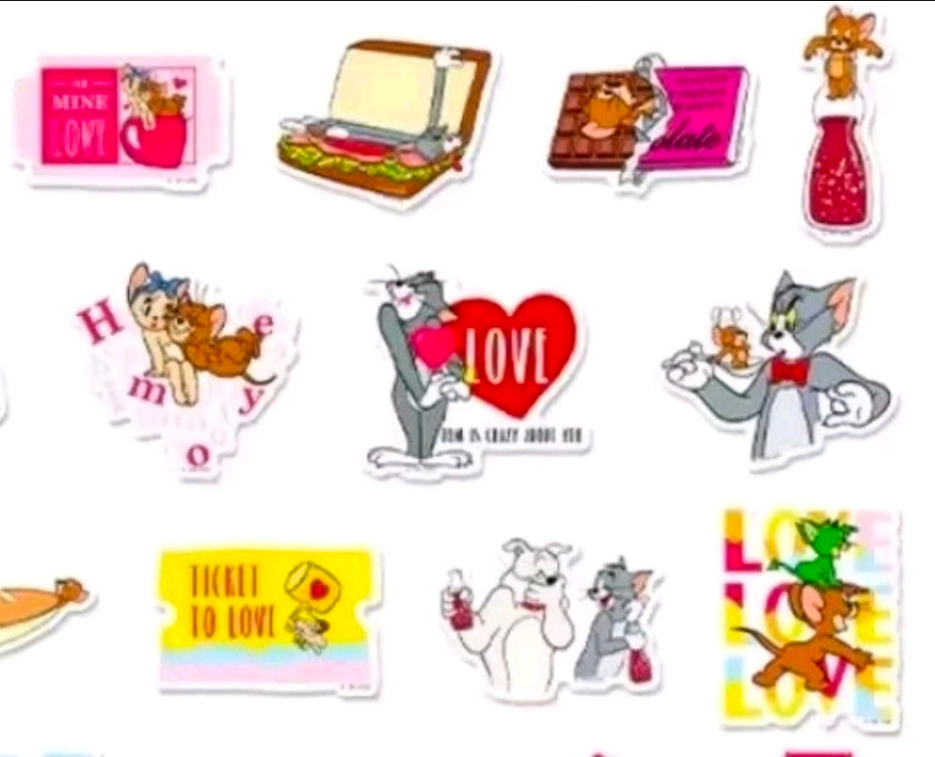 Assorted love-themed die-cut vinyl stickers featuring cartoon characters