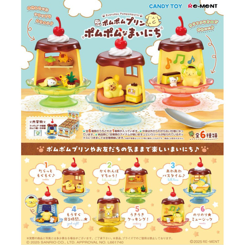 Re-Ment mini figure box artwork with three cherry-topped Pompompurin dome scenes