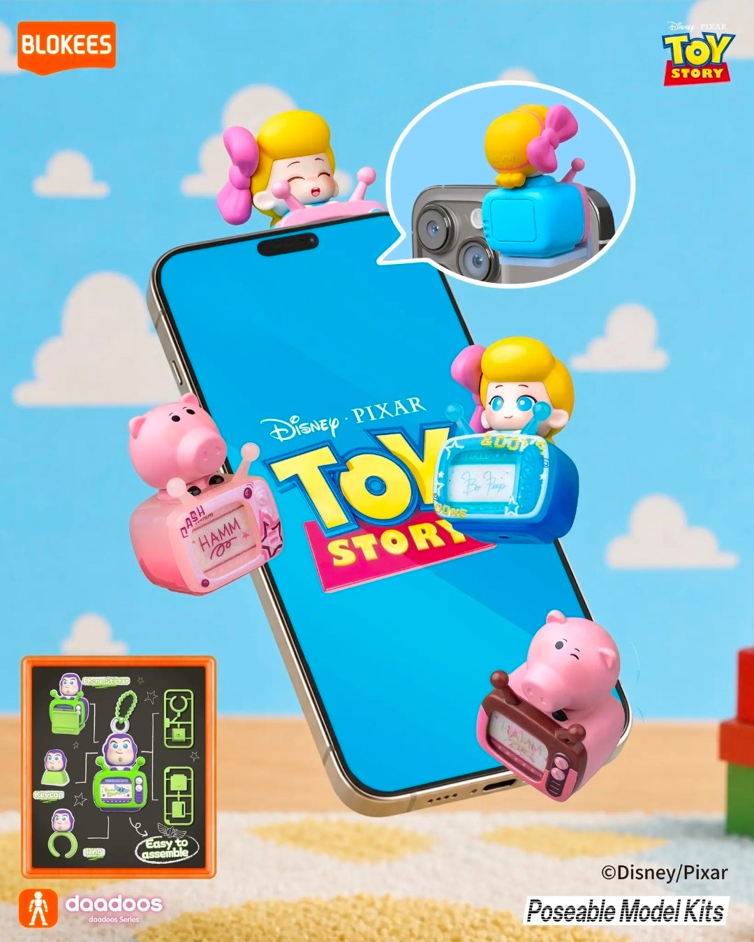 Toy Story TV figure phone mounts attached to a smartphone, featuring Jessie and Hamm