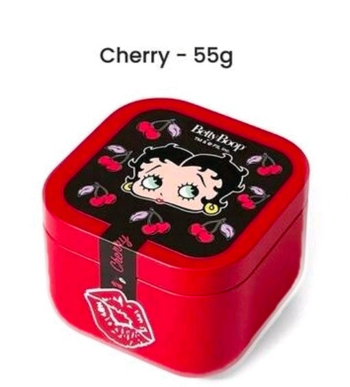 Red square candle tin with black lid panel and Betty Boop cherry pattern