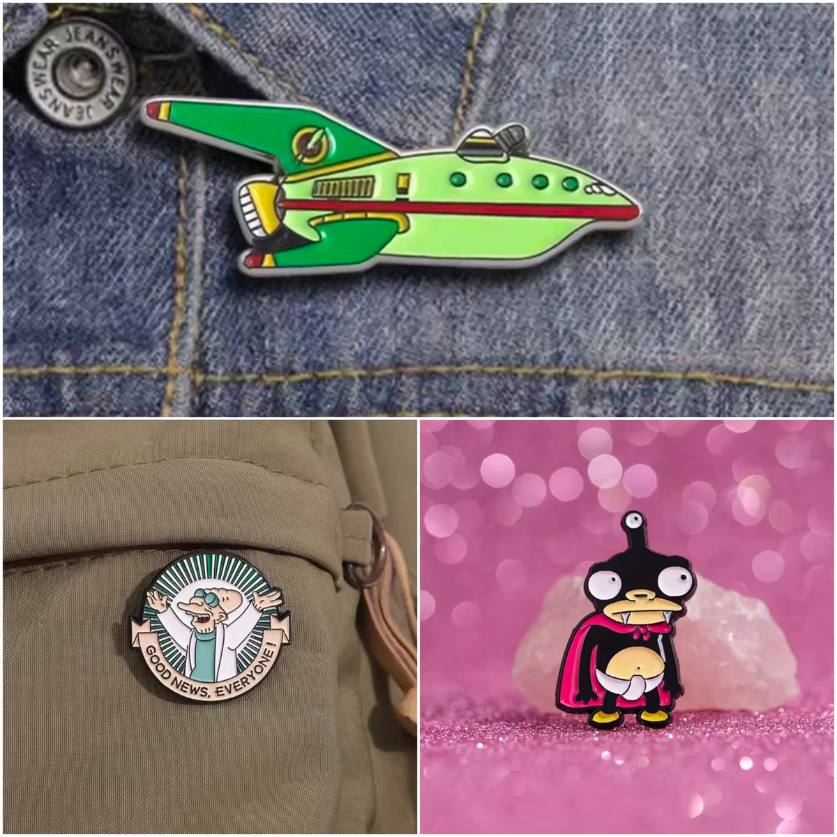 Futurama pin collage: Farnsworth enamel on beige bag and Nibbler enamel front