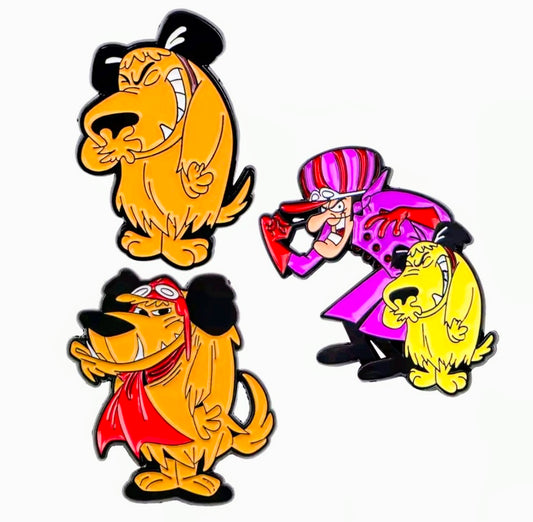 Three cartoon dog enamel pins with orange, red outfit, and purple action character