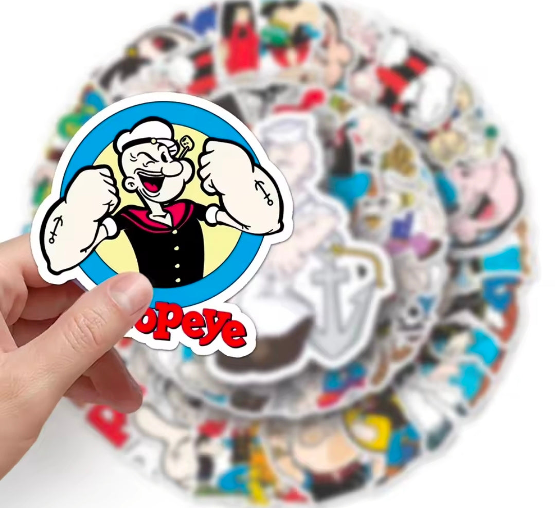 Vinyl Popeye sticker of sailor man waving, cartoon character with black coat and hat