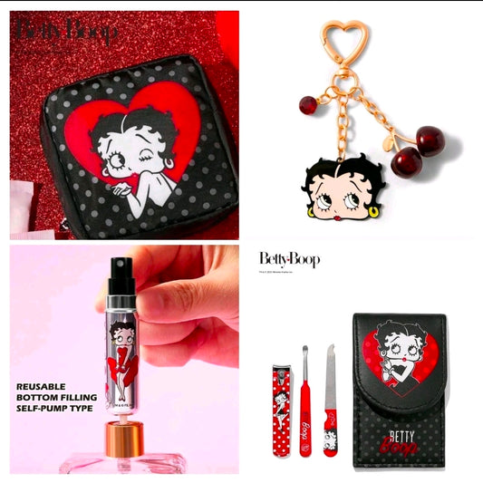 Black polka-dot zipper pouch with Betty Boop graphic and red heart design