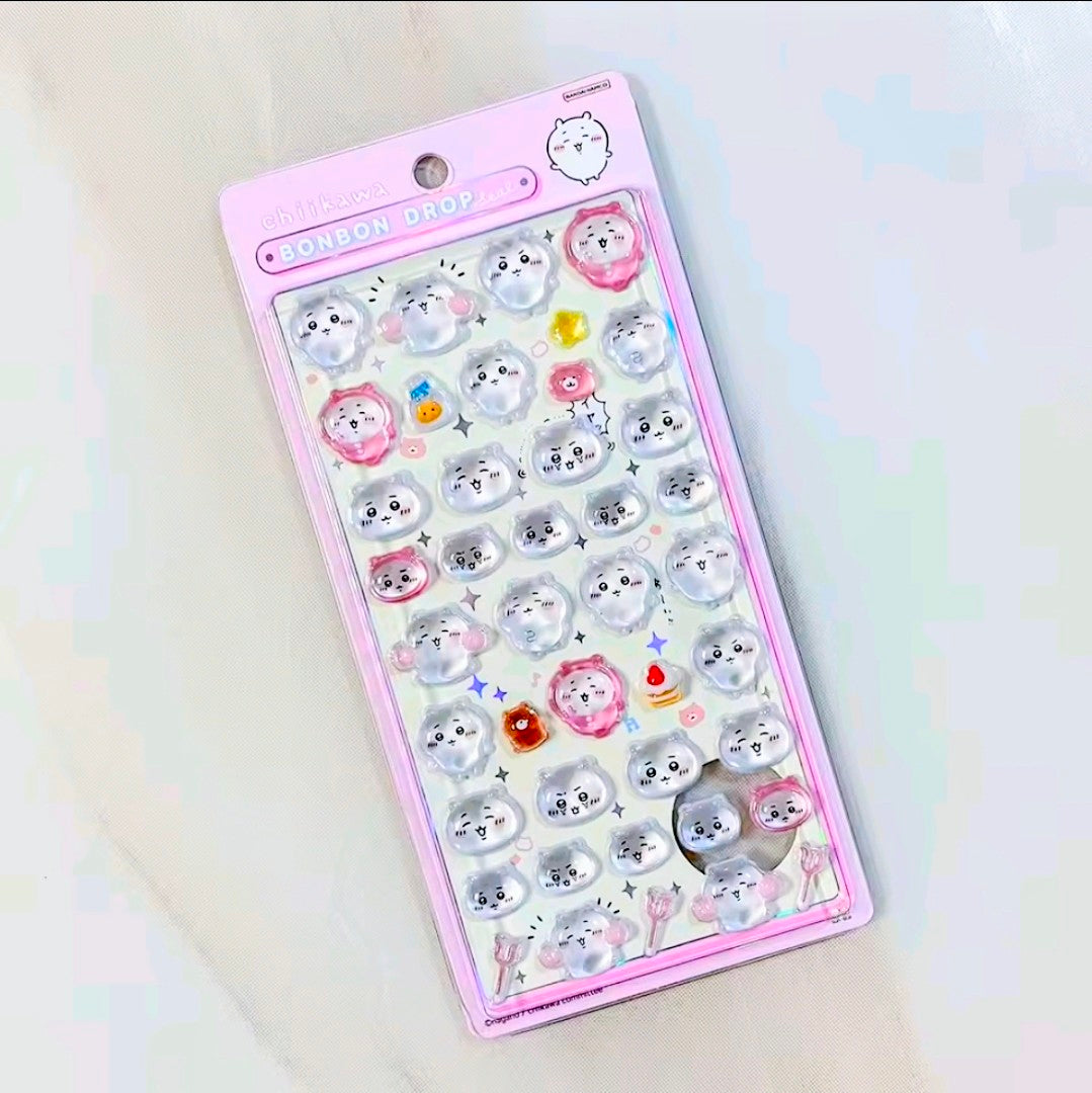 Pink Chiikawa Bon Bon Drop 3D acrylic sticker sheet with round animal characters