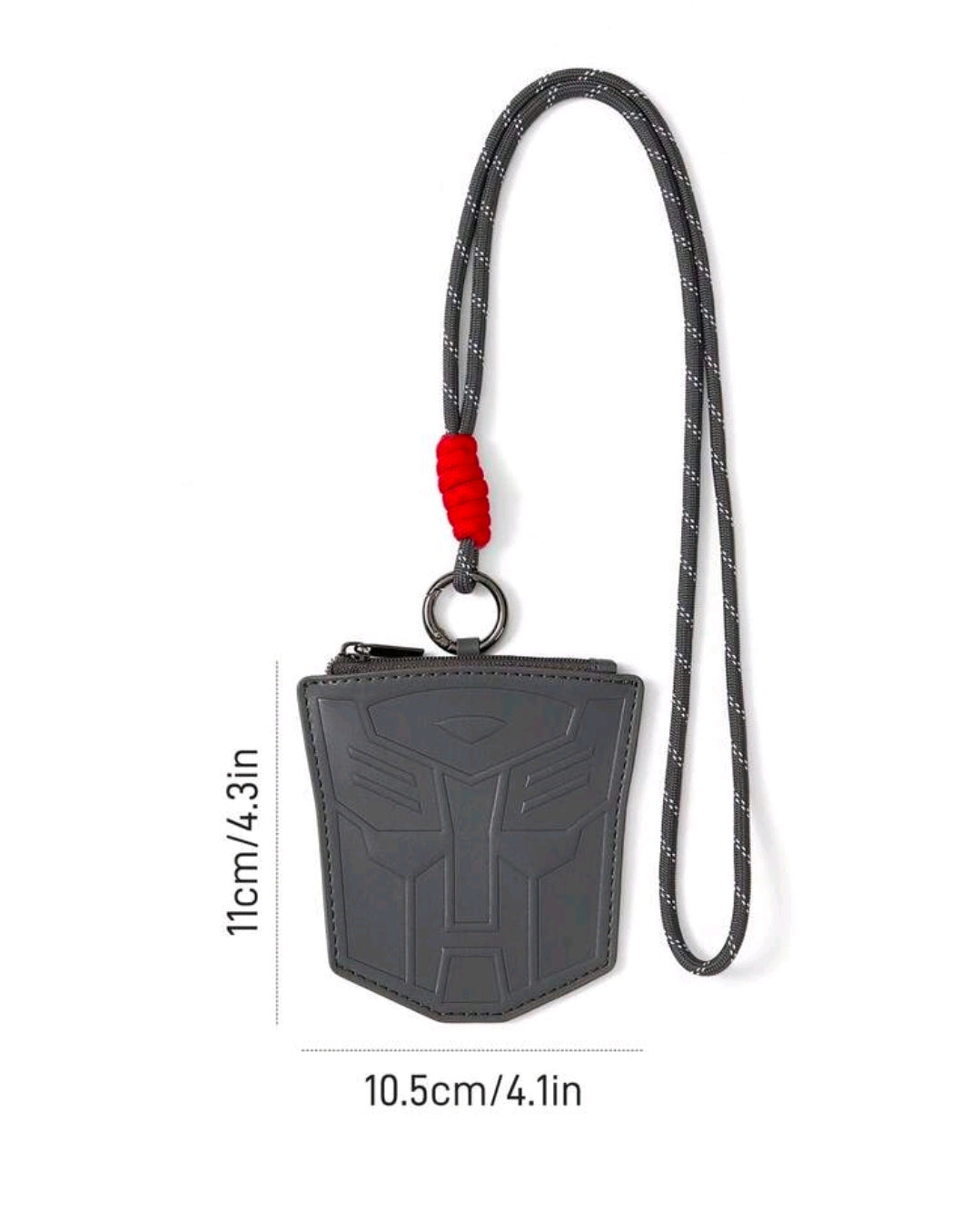 Dark gray zippered coin purse with embossed Autobot logo, red lanyard and key ring