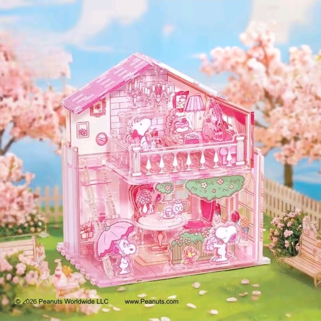 Pink acrylic puzzle house model with cherry-blossom tea party scene