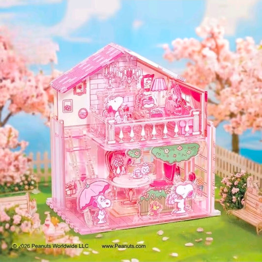 Pink acrylic puzzle house model with cherry-blossom tea party scene