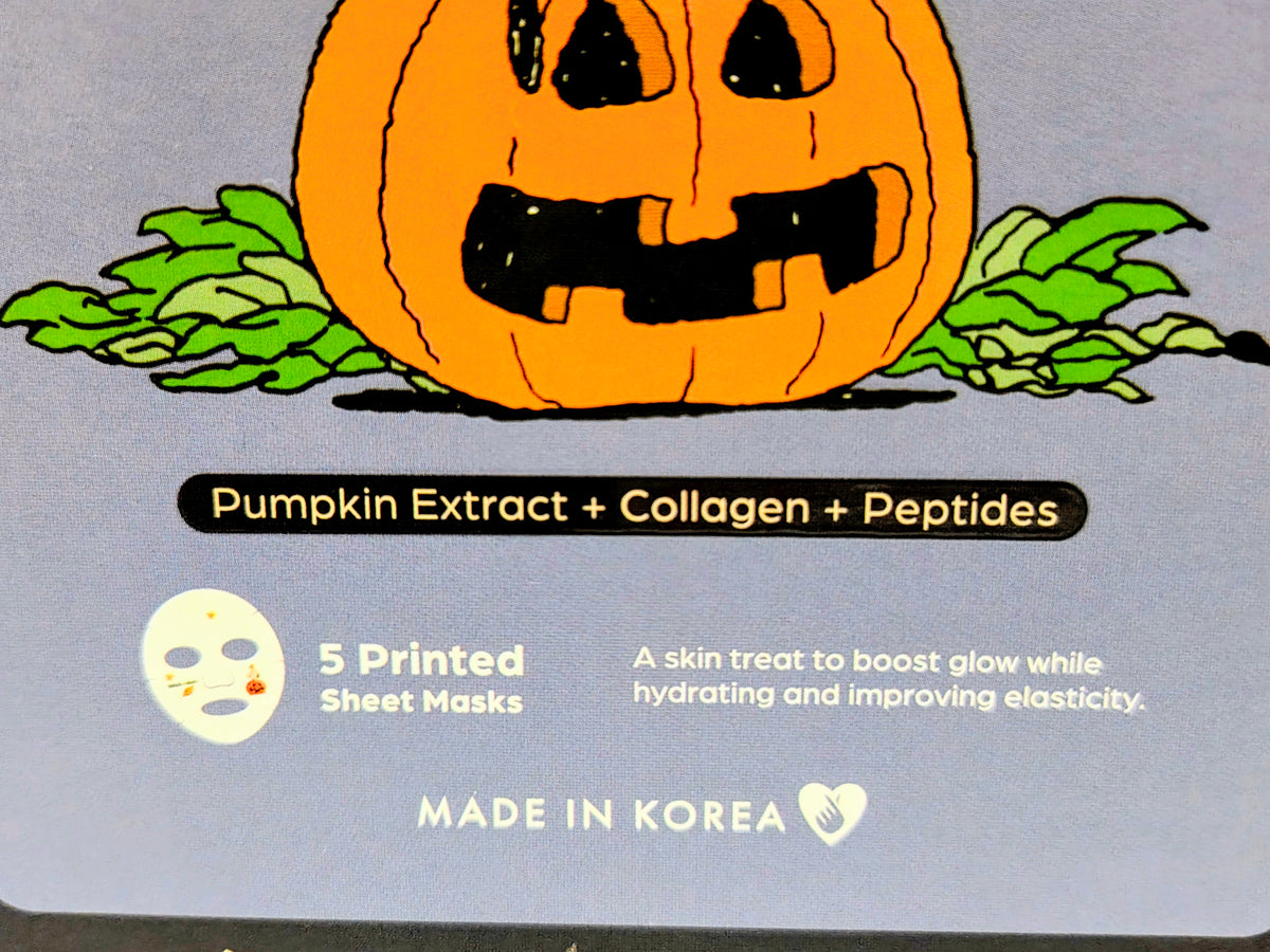 Pumpkin Plump face sheet mask label with pumpkin art and collagen peptides