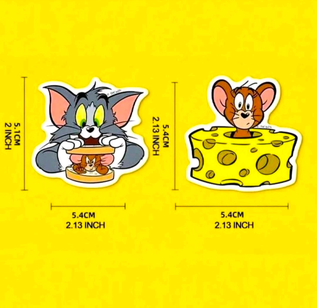 Tom and Jerry waterproof vinyl sticker set, cat and mouse cheese icons with size marks