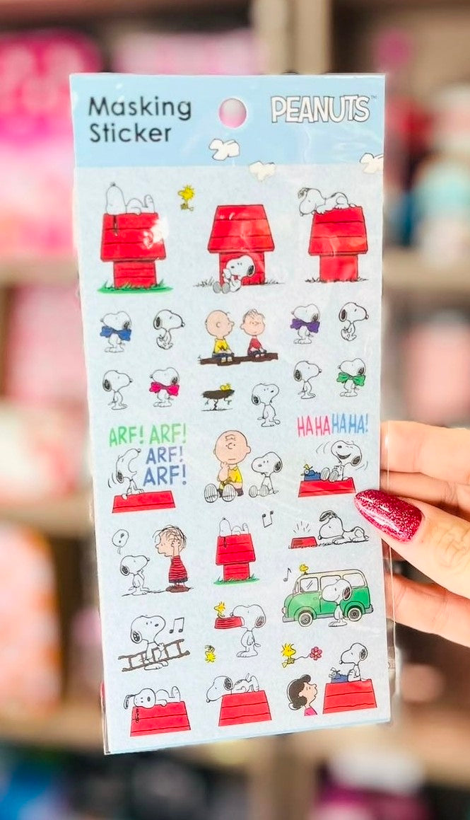 Peanuts Snoopy masking sticker sheet with red building-bag and character designs