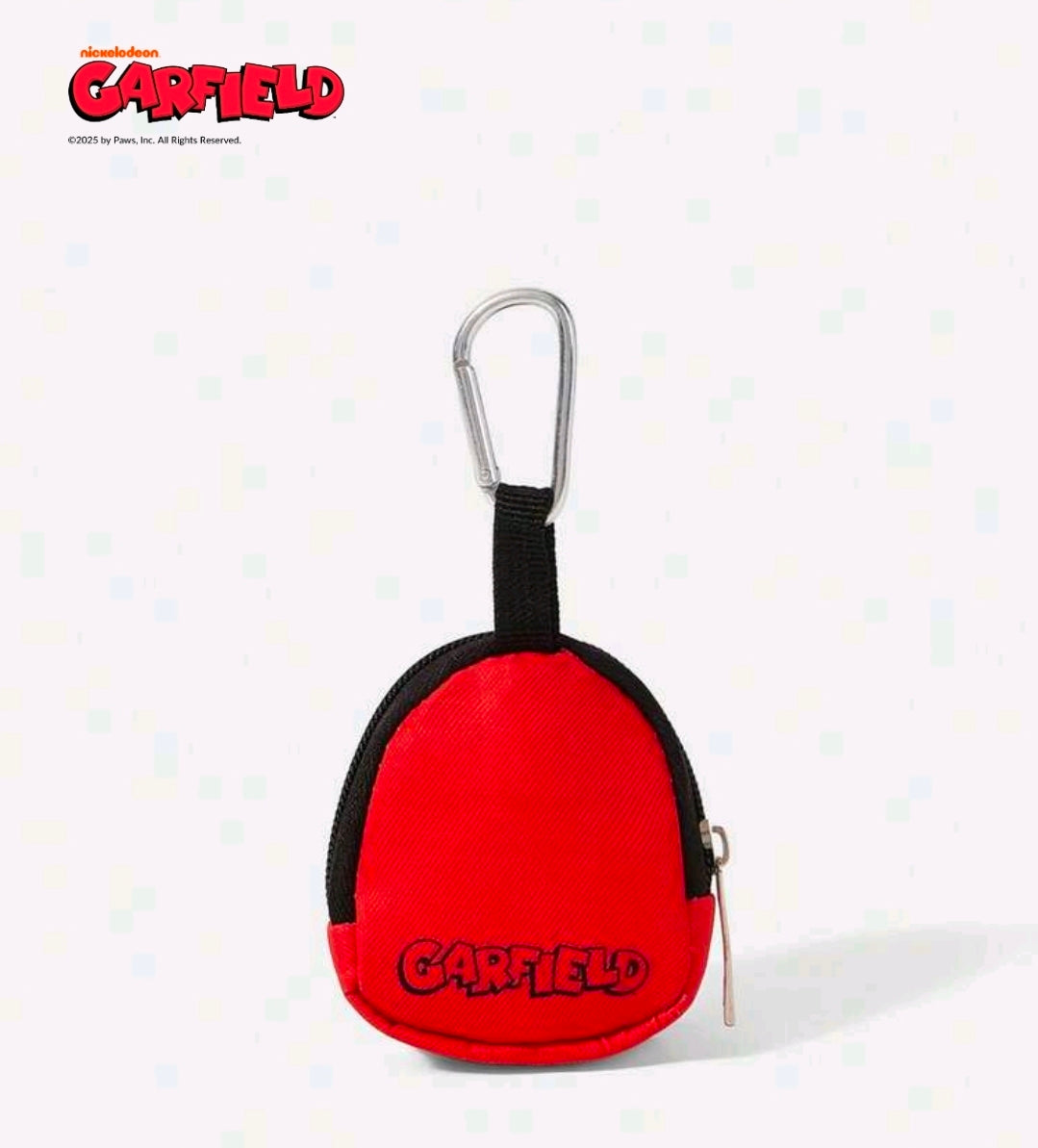 Red Garfield round coin pouch keychain with black strap and metal carabiner ring