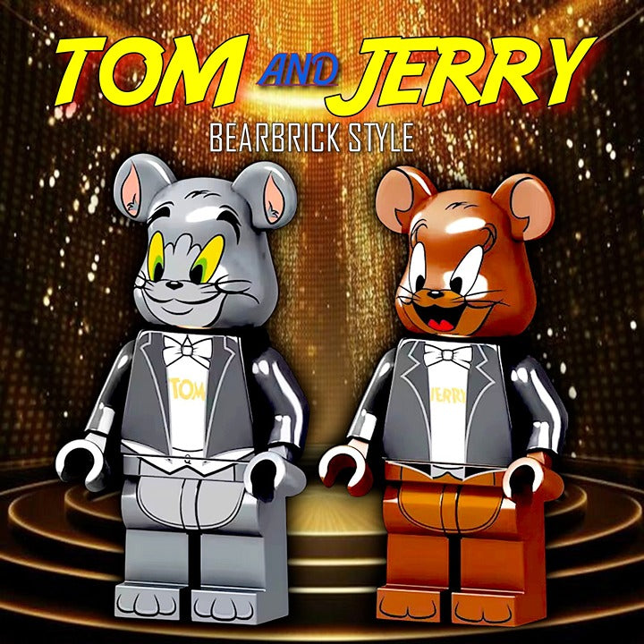 Bearbrick-style keychain figures set with gray Tom and brown Jerry standing side by side