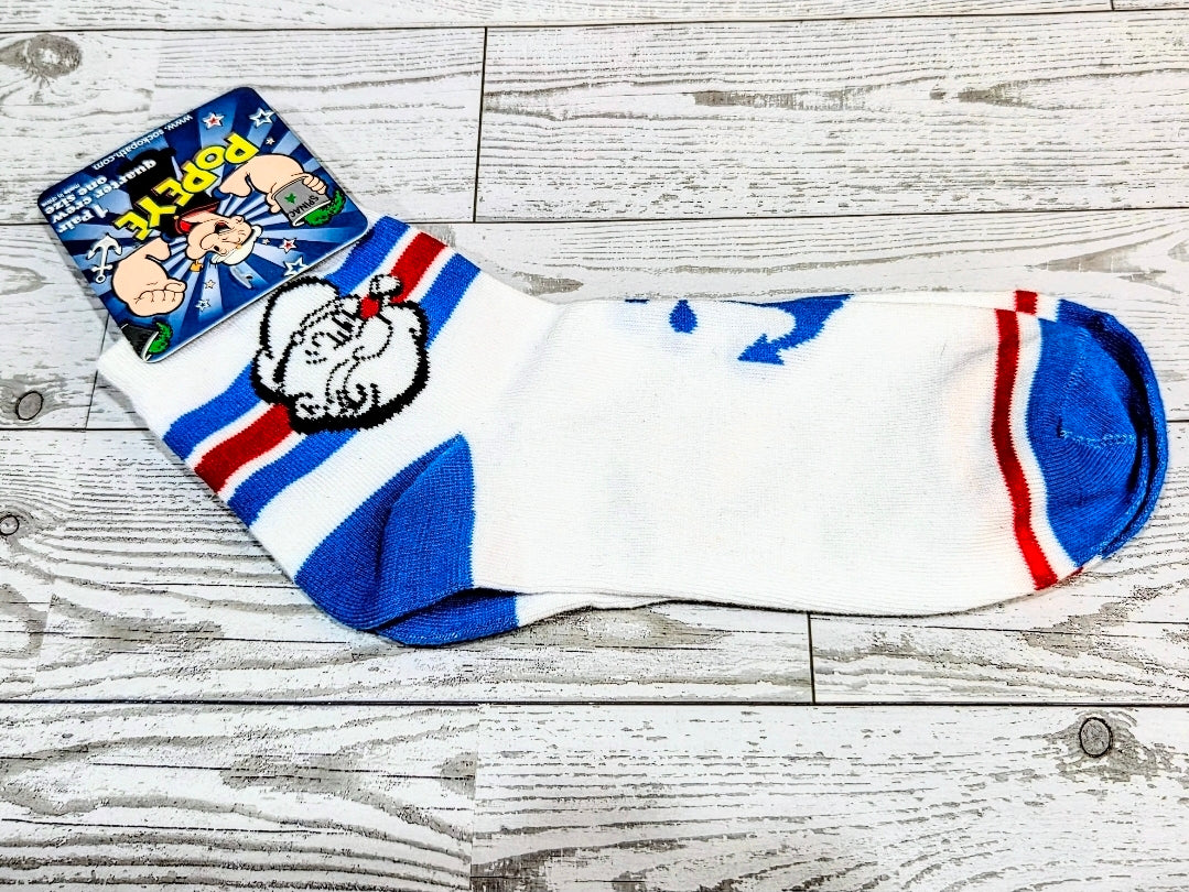 Quarter crew socks with Popeye cartoon face, white body, blue heel stripe, red trim
