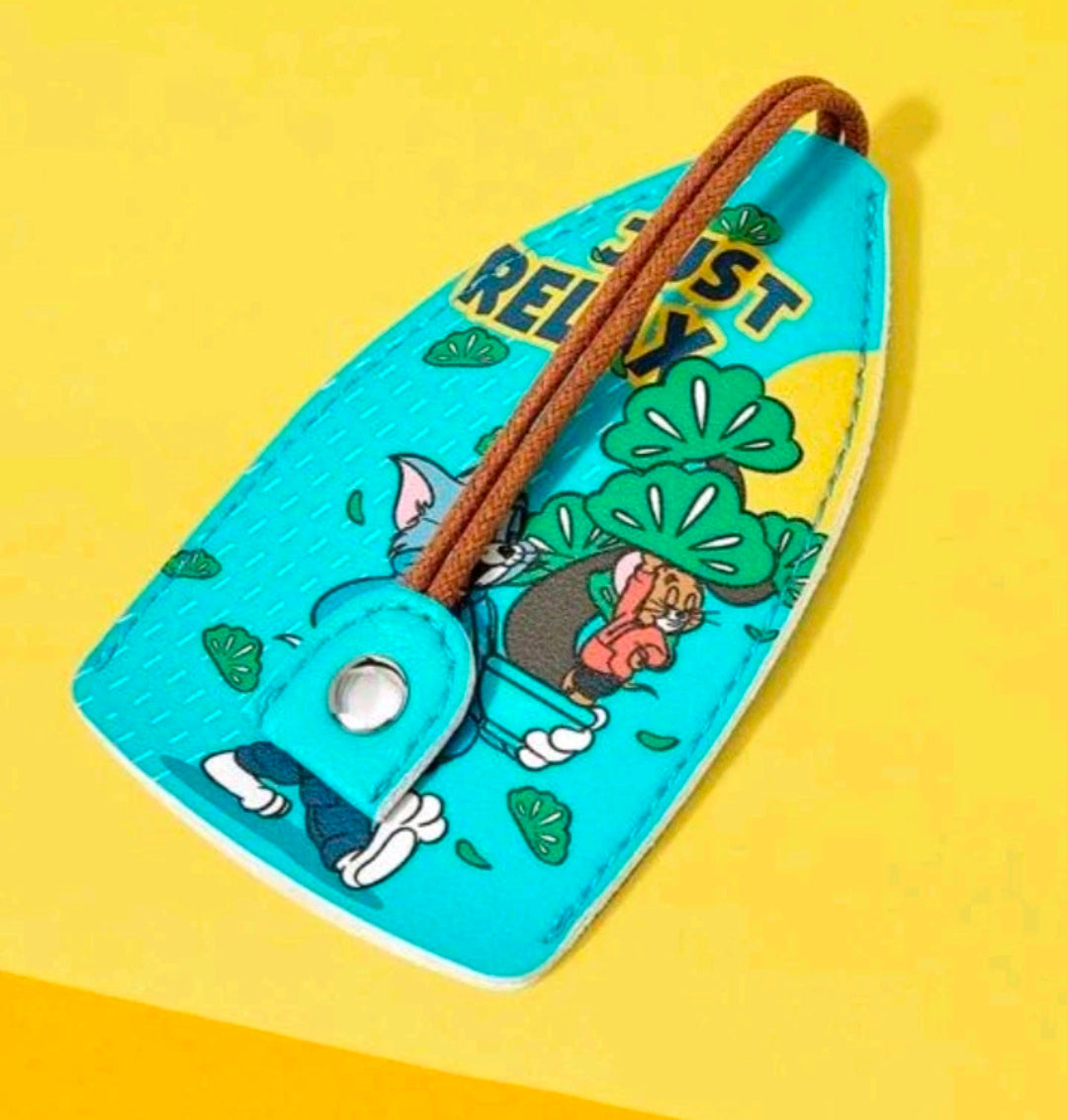 Teal key fob holder pouch with cartoon mouse, leaf pattern, and wrist strap