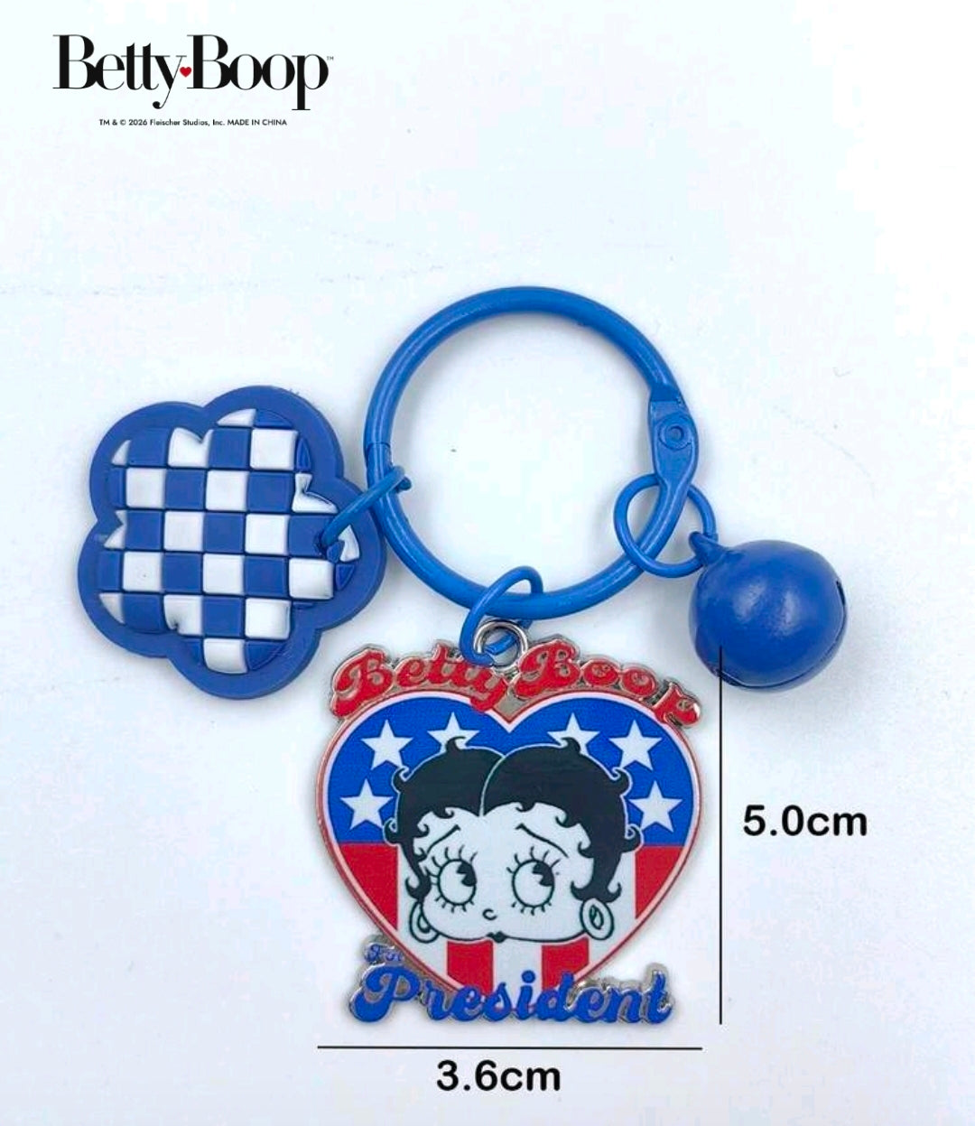 Patriotic enamel Betty Boop keychain with blue check heart and President badge charm