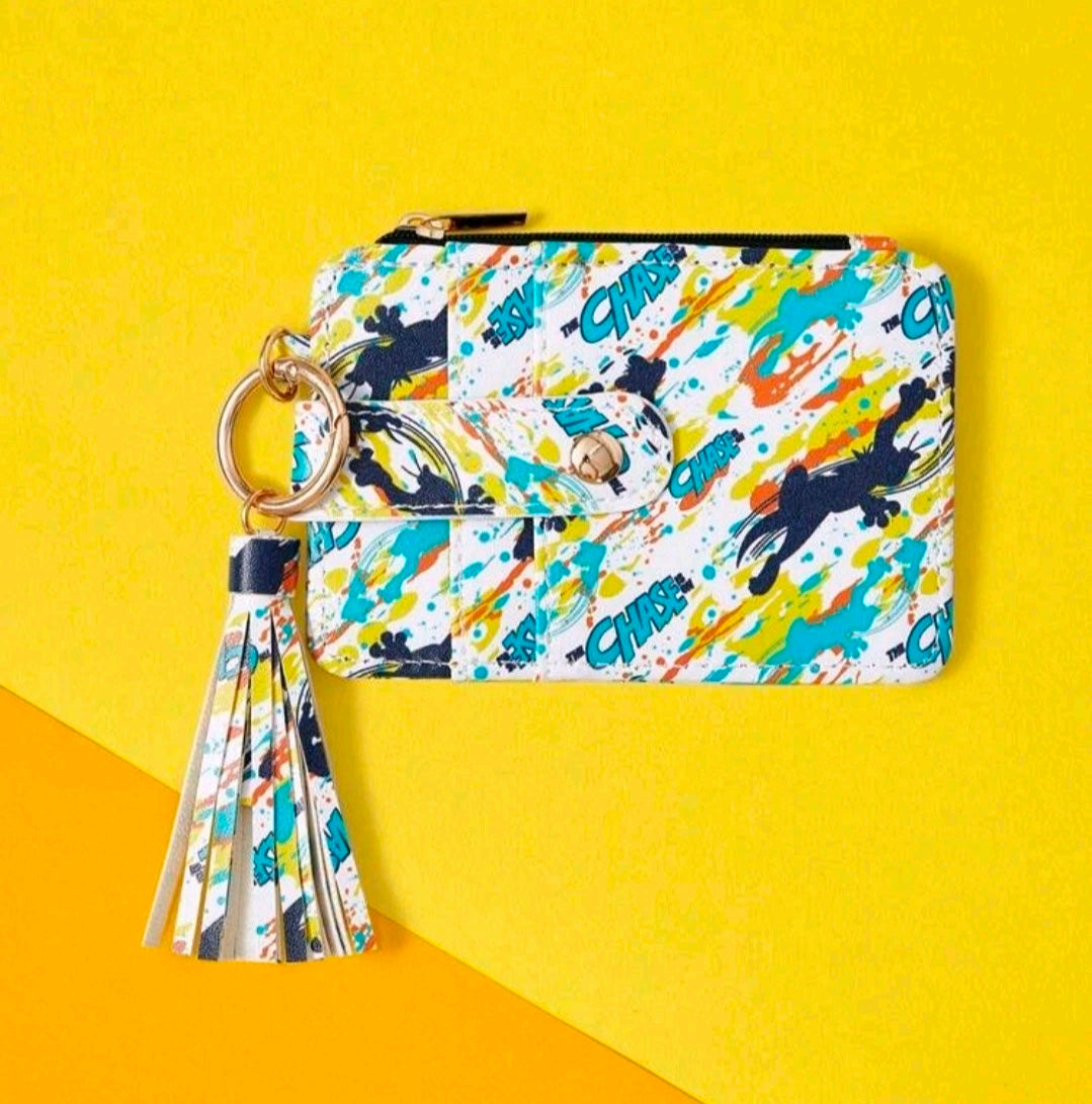 Paint-splash zipper card holder wallet with metal keyring and tassel, front view