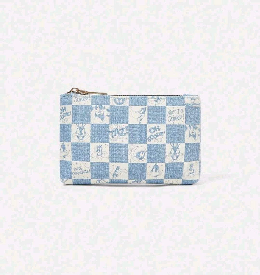 Blue checkered zip clutch pouch with small character icon print