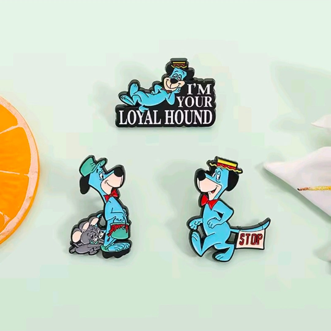 3-piece enamel pin set arranged together: Loyal Hound, STOP, and hound scene