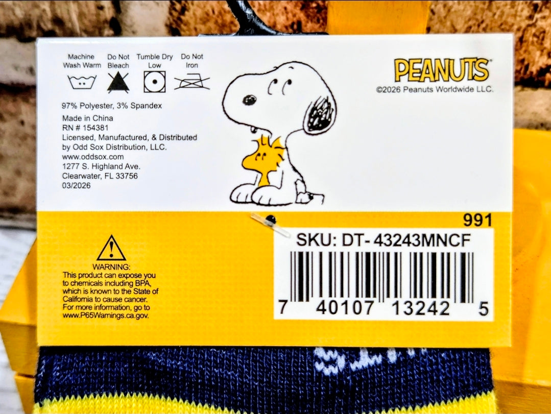 Snoopy licensed crew socks pack with blue toe cuff and star stripe pattern