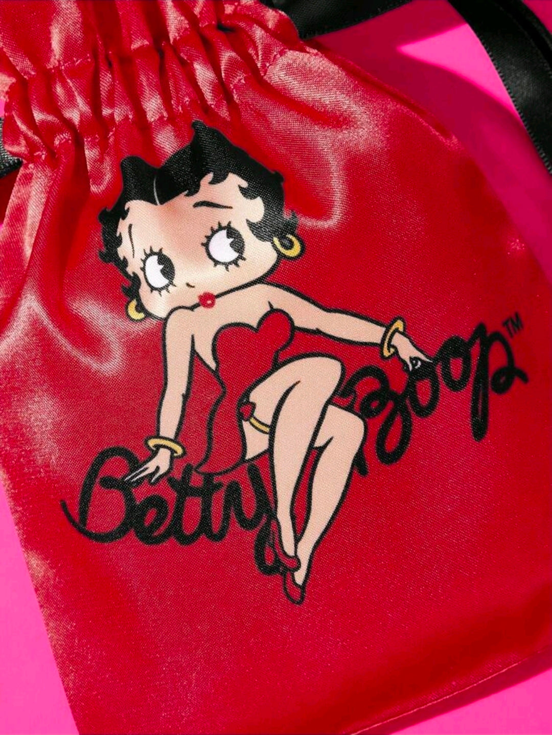 Red Betty Boop drawstring pouch with Love graphic and satin sheen