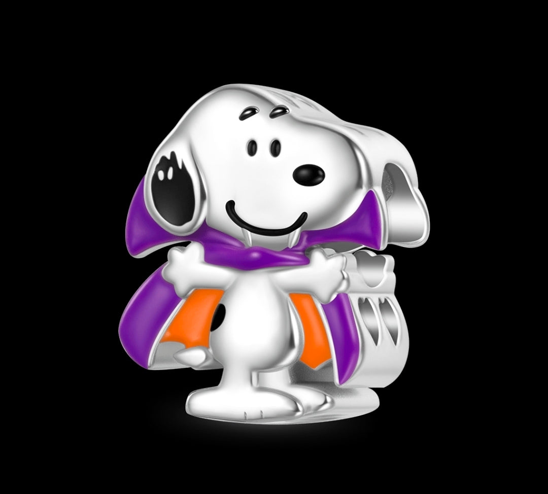 Snoopy vampire charm bead, purple cape with orange and silver accents
