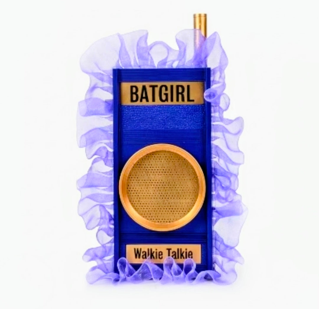 Blue Batgirl walkie talkie prop replica front, gold speaker and Walkie Talkie badge