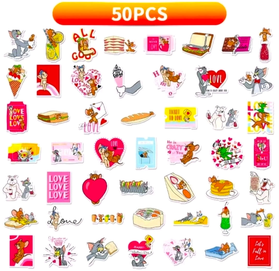 50PCS die-cut vinyl sticker set with assorted cartoon characters and love decals
