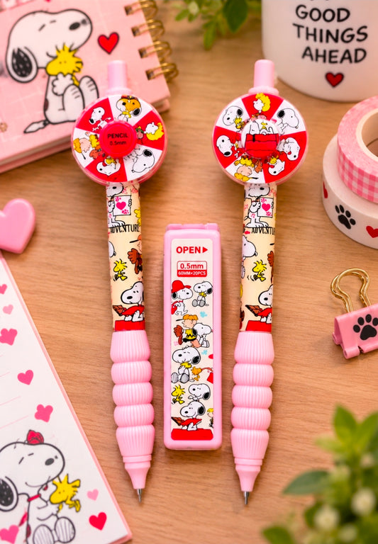 Two pink Snoopy mechanical pencils with 0.5mm lead, heart and paw details