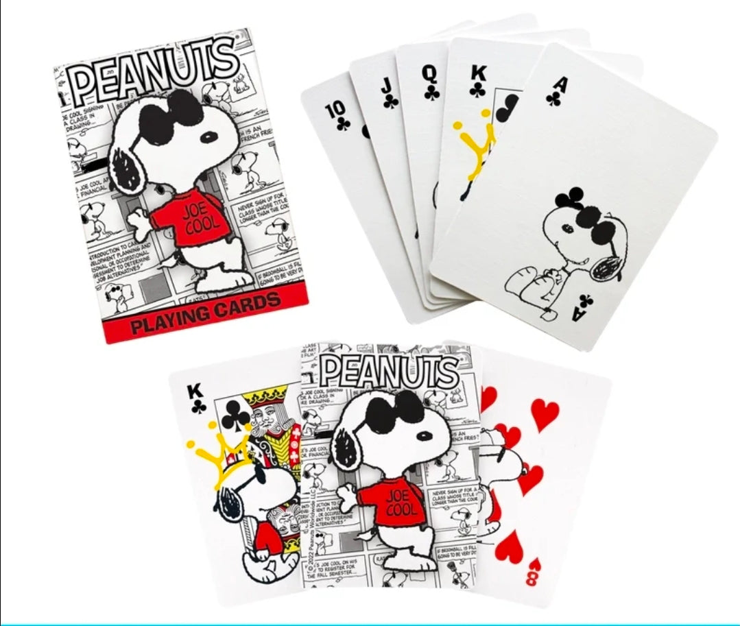 Snoopy Joe Cool playing cards deck with box art and face card lineup