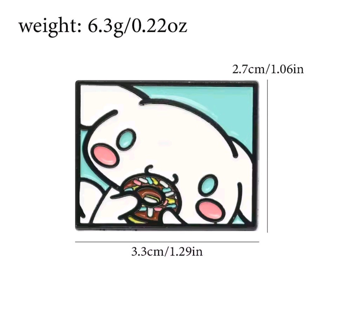 Cinnamoroll enamel pin with white puppy face and rainbow donut, teal background
