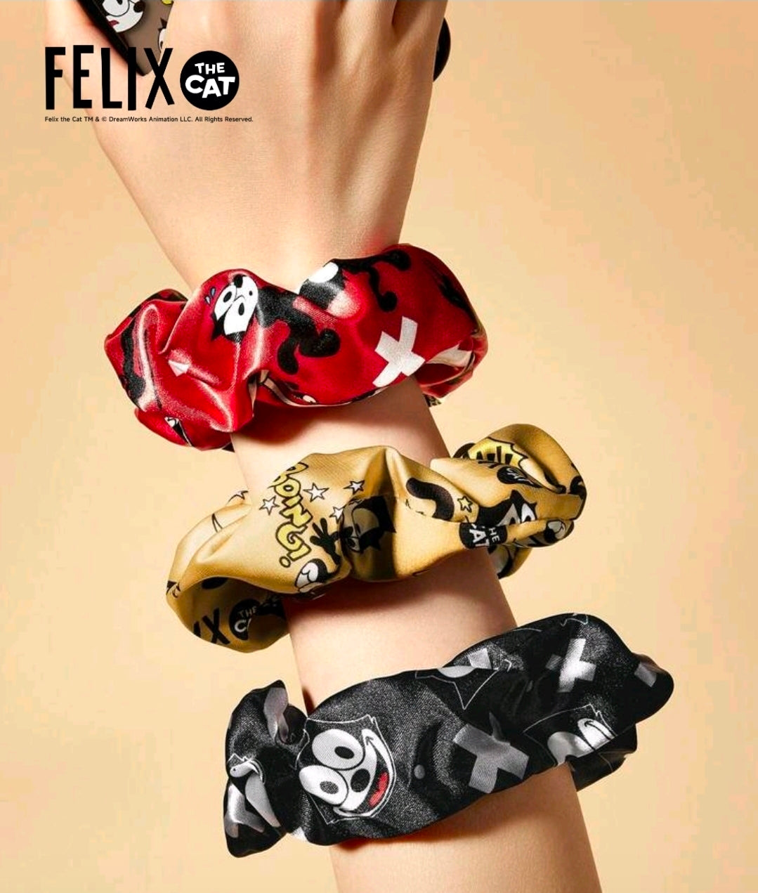 Felix the Cat Satin Scrunchies Set of 3 Red Black Gold Hair Ties Licensed NEW