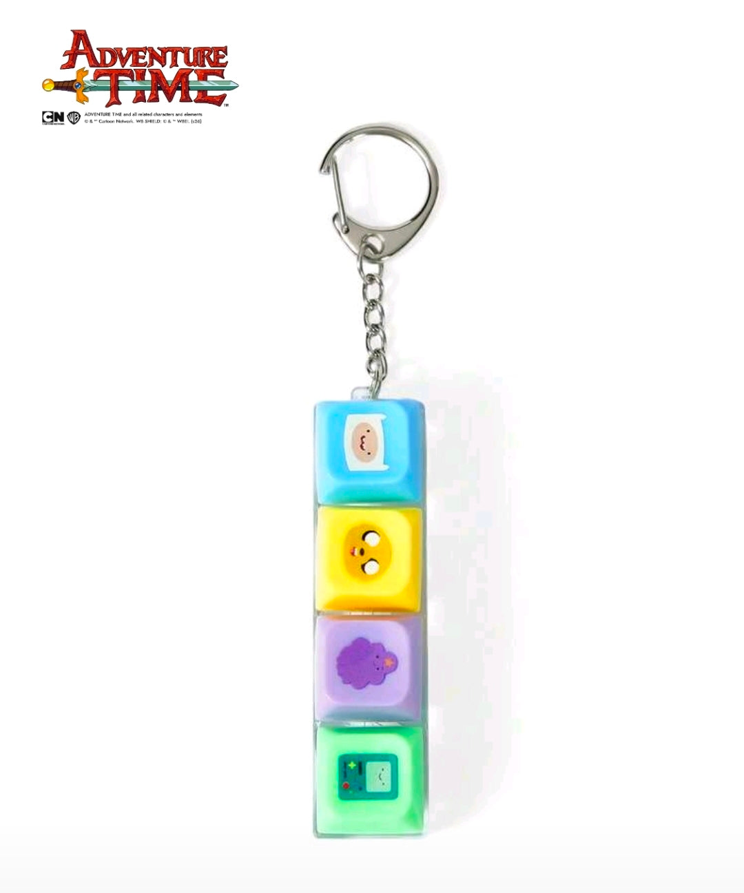 Adventure Time fidget keychain with four stacked cube clickers on a metal ring