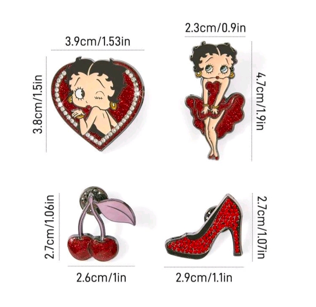 Betty Boop character pin set with heart portrait, standing figure, cherries, and red high heel