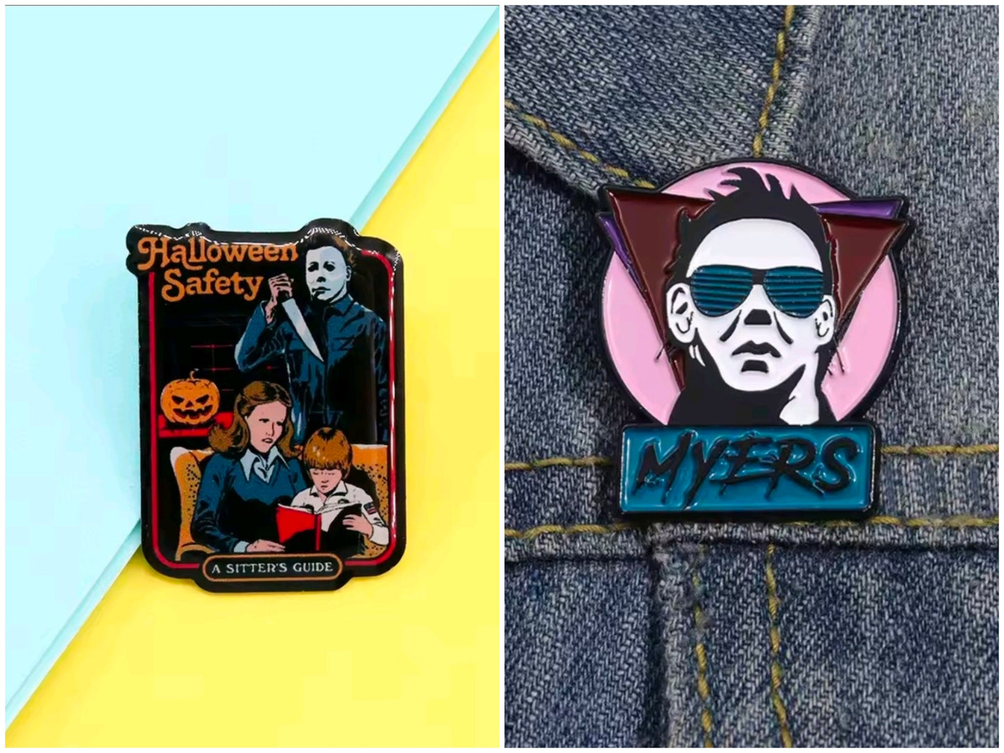 Enamel lapel pin set with Halloween Safety Guide and Michael Myers face