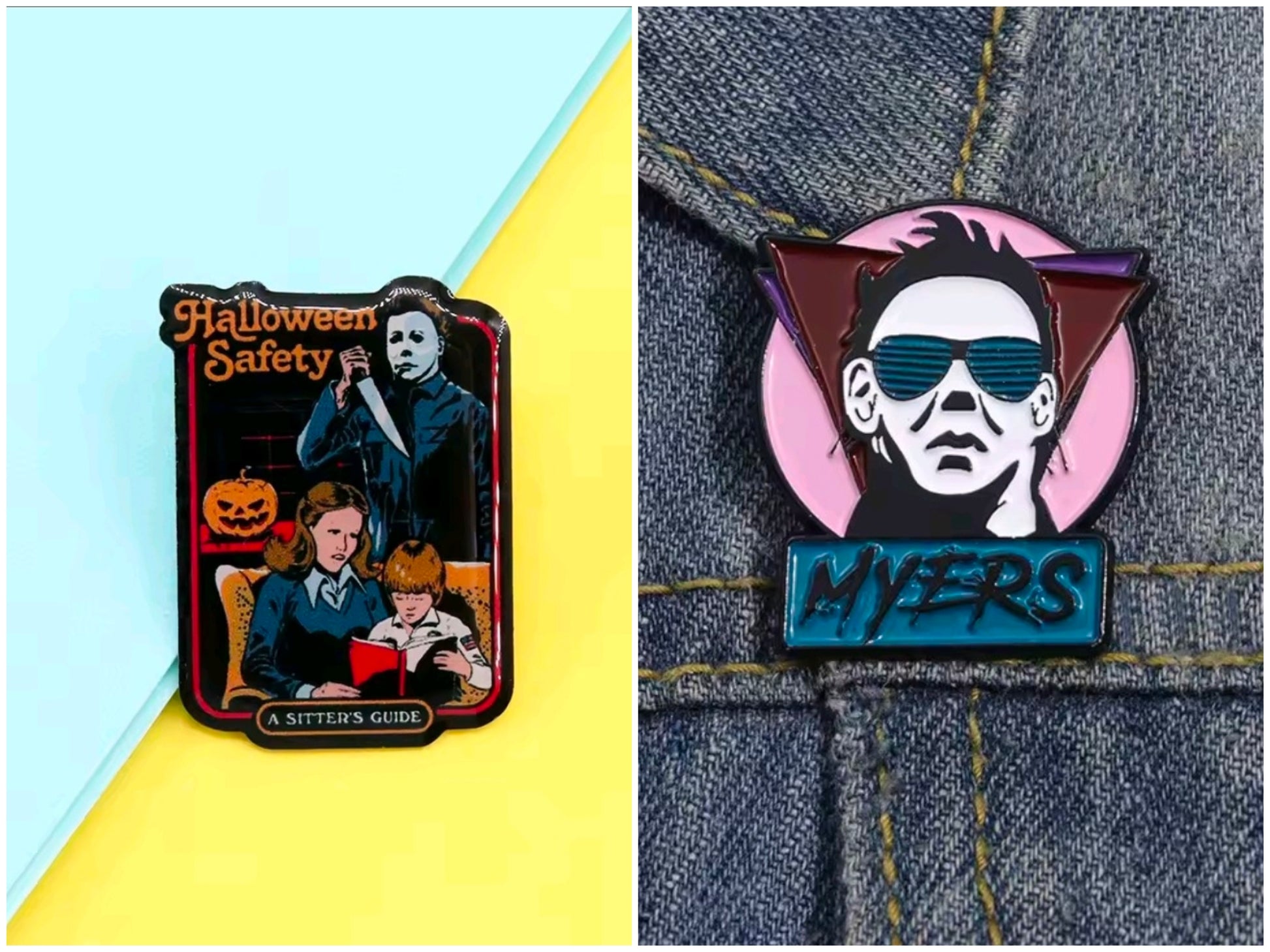 Enamel lapel pin set with Halloween Safety Guide and Michael Myers face