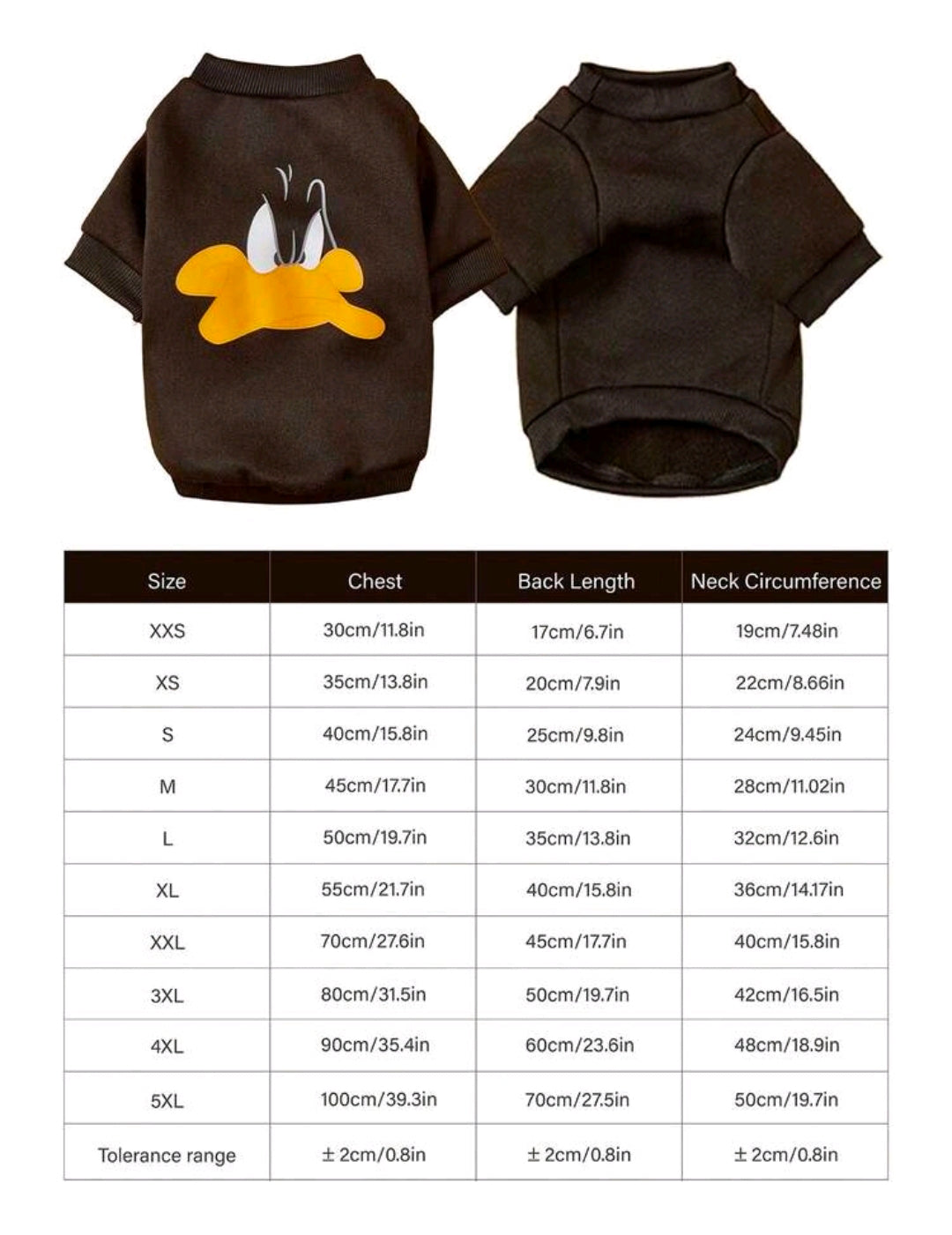 Black Daffy Duck dog sweatshirt, front and back views, short sleeves