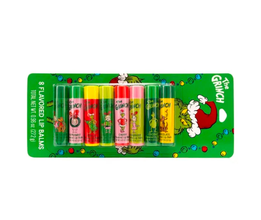 8-pack flavored lip balm set in green blister box with eight colorful balm tubes