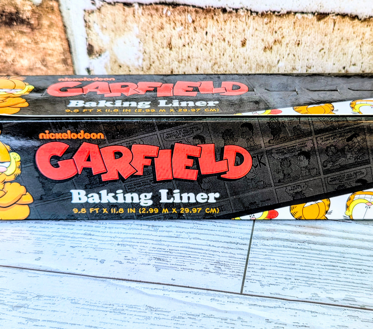 Garfield baking liner box with cartoon print and red logo text