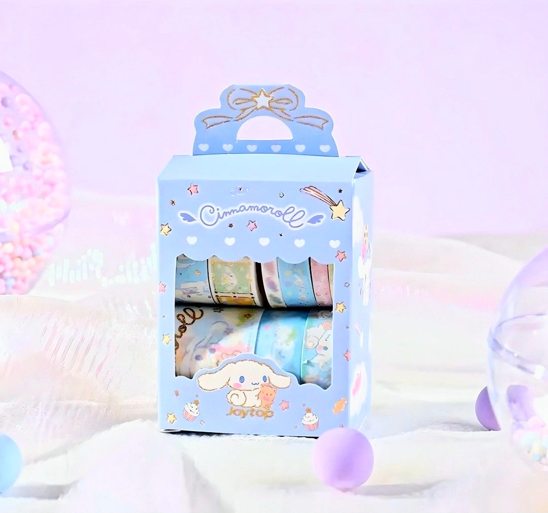 Washi tape set in a blue Cinnamorol-themed display box, with several rolls visible