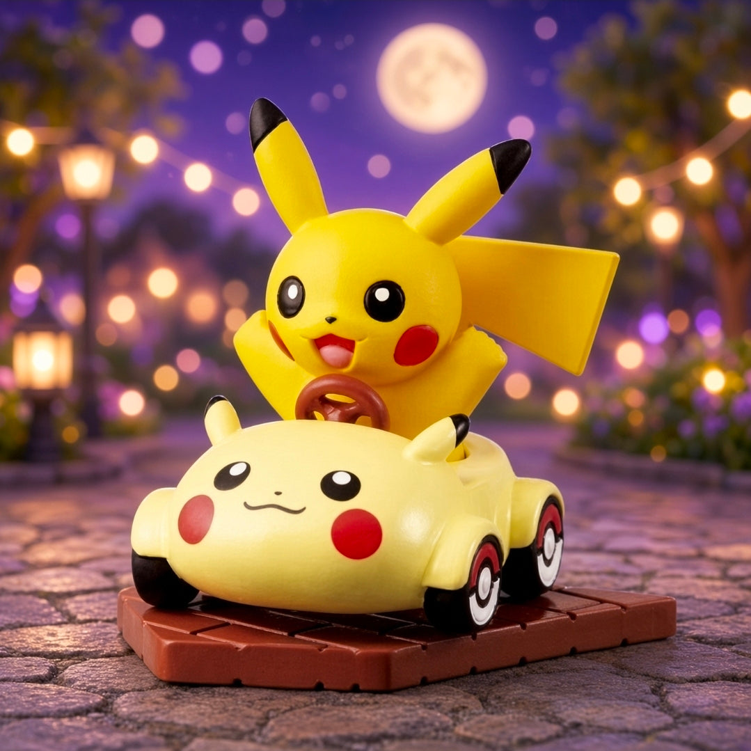 Pikachu mini figure riding a cream car on orange-brown brick base