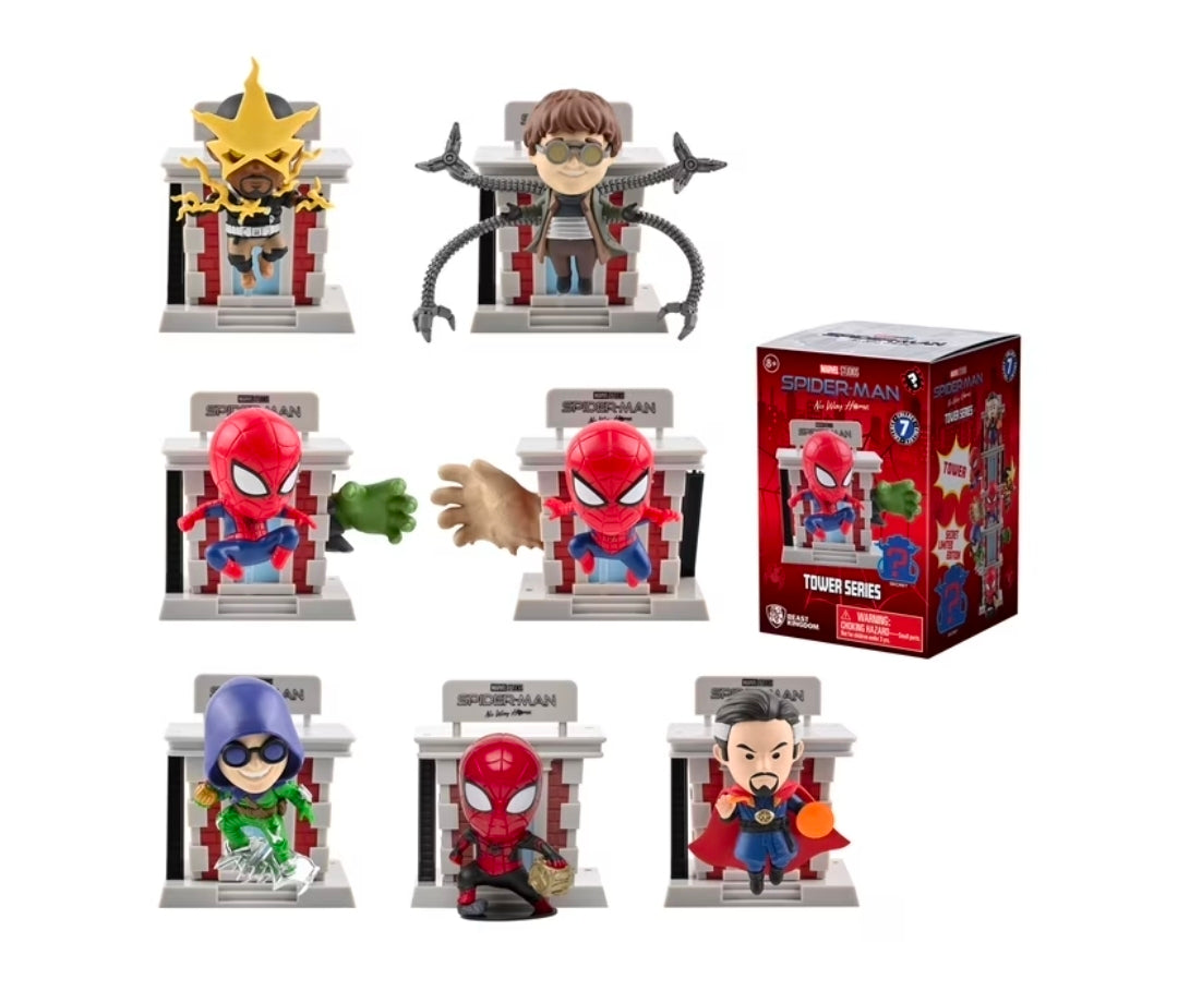 Spider-Man tower blind box set showing multiple stacked figures and retail box