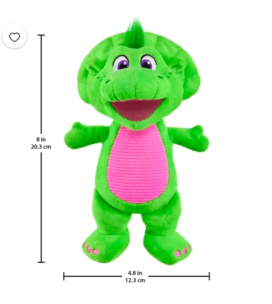 Green plush dinosaur doll with pink striped shirt, soft fabric, full body