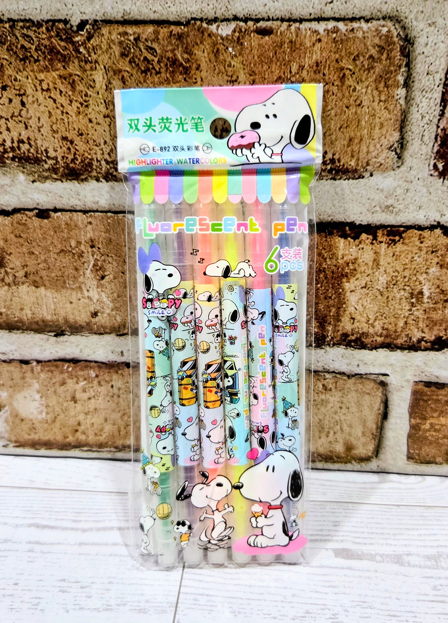 Snoopy Dual Tip Highlighter Set 6pc Fluorescent Peanuts Kawaii Stationery Chisel Fine Point Pink Orange Yellow Green Blue Purple