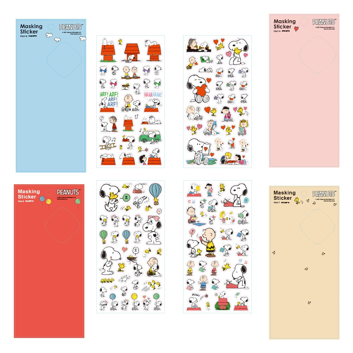 Set of Peanuts Snoopy masking sticker sheets with pastel blue, red, pink, and beige backings