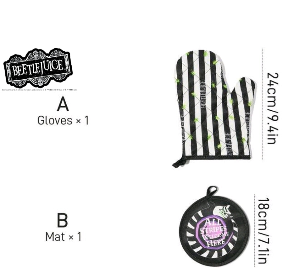Black-and-white striped oven mitt with green bug print and Beetlejuice logo