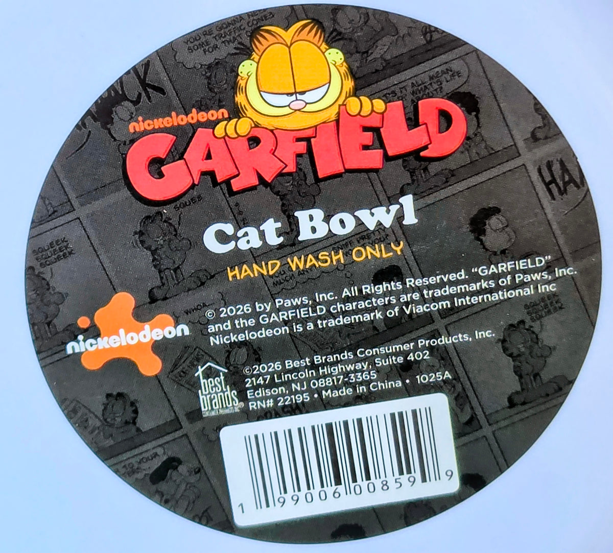 Garfield cat bowl tin, round black lid with Garfield graphics and barcode sticker