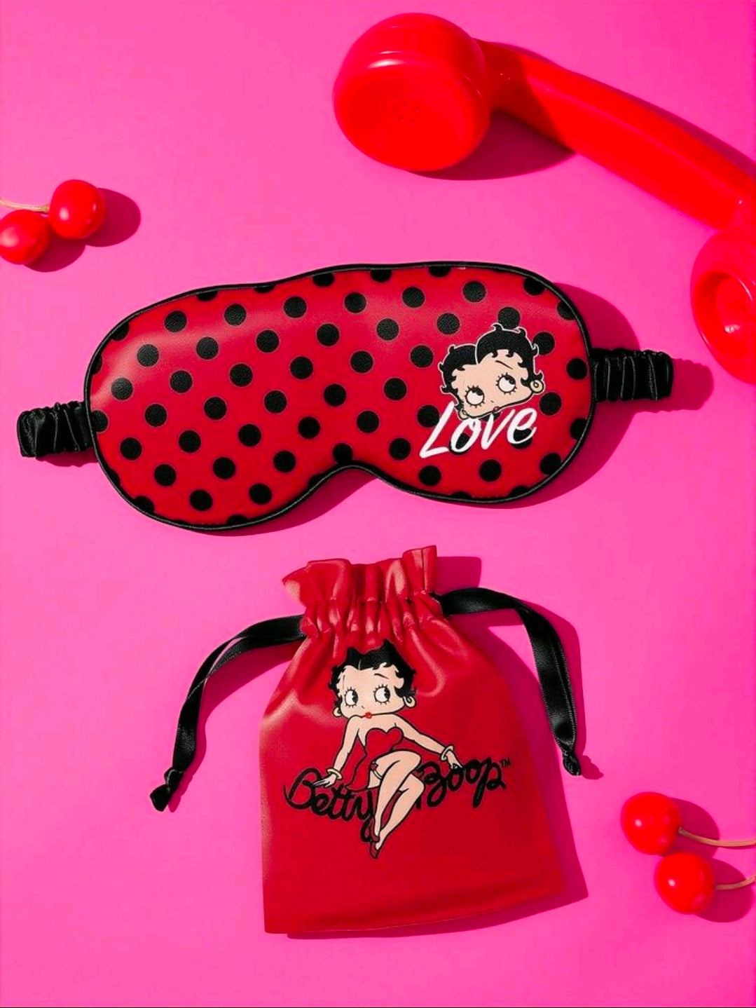Red polka dot eye mask and matching Betty Boop drawstring pouch set