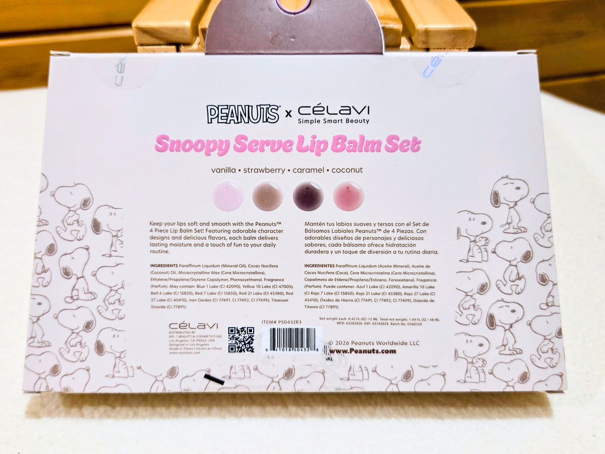 Snoopy Serve lip balm set gift box with Snoopy design and 4-piece assortment